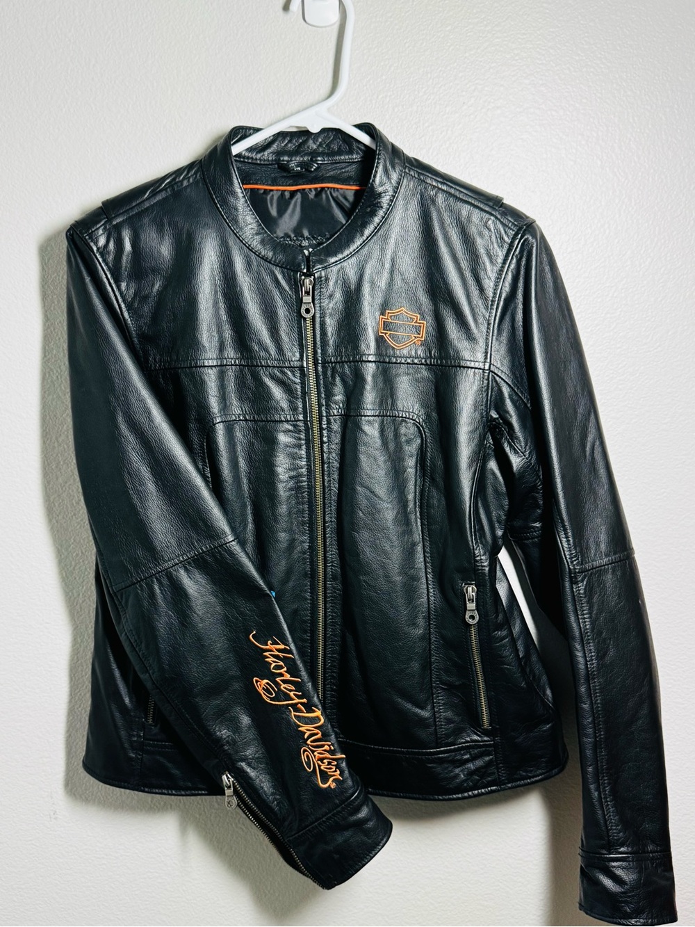 Harley-Davidson Black Leather Motorcycle Jacket Orange Embroidery